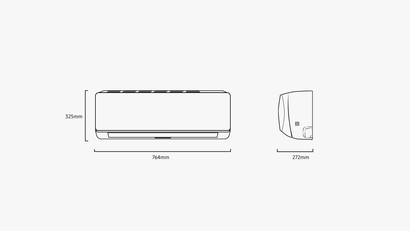 Menunjukkan bagian depan dan samping AC untuk mengilustrasikan cara mengukur dimensinya. Ini menunjukkan bahwa lebar 764mm, tinggi 325mm dan kedalaman 272mm.