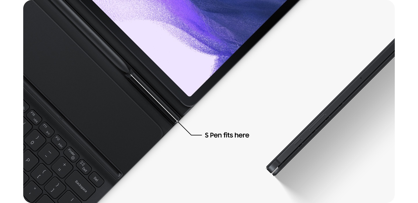 Close up of Galaxy Tab S7 FE in the Book Cover Keyboard Slim. There is a graphic wallpaper onscreen, and the S Pen is seen inside the S Pen holder. Text says S Pen fits here. Another Galaxy Tab S7 FE is seen inside the closed cover, standing on its side to show the slim design.