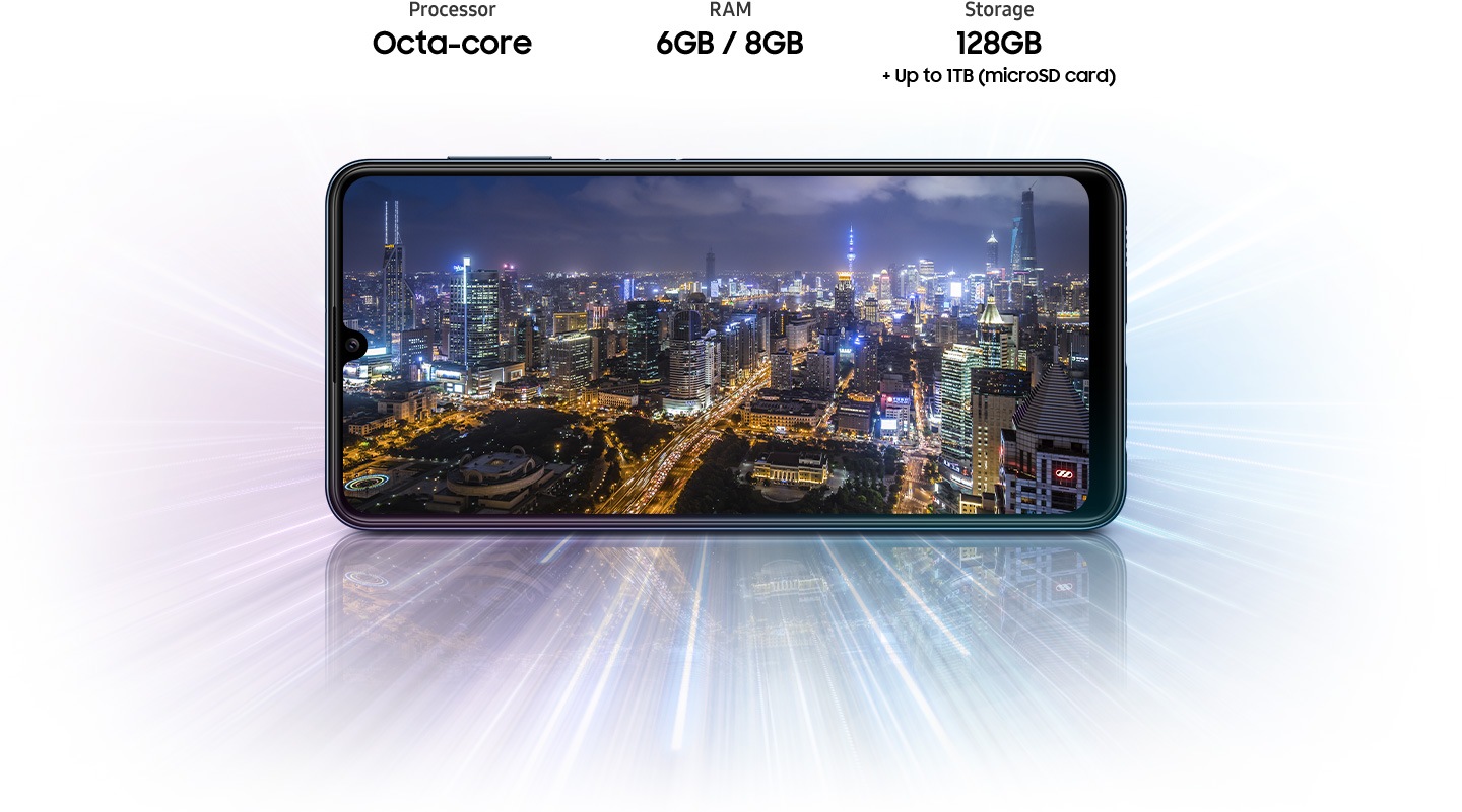 Spesifikasi pemrosesan dan penyimpanan Samsung Galaxy M32. Prosesor octa-core dan RAM 6GB/8GB. Penyimpanan internal 128GB — lalu tambahkan hingga 1TB lebih banyak dengan kartu microSD.