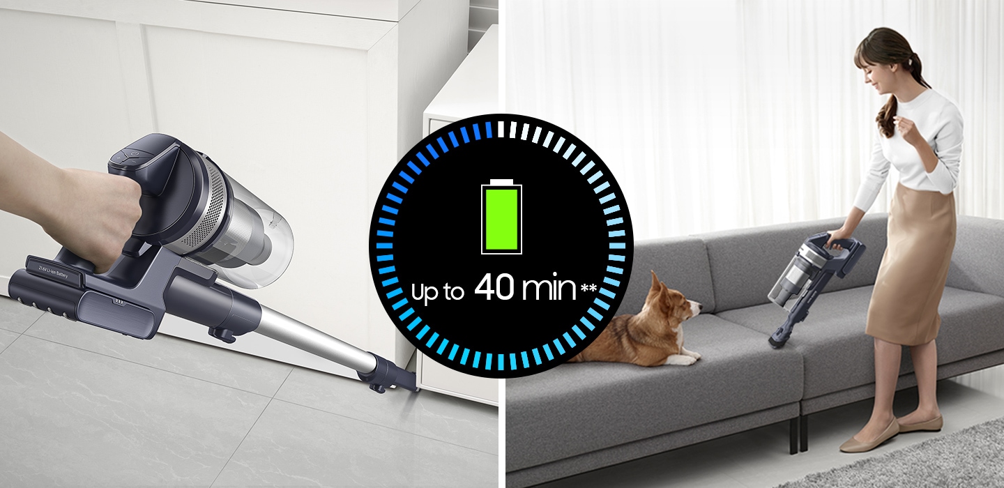 A person cleans the room corner with a VS6700 equipped with an extension crevice tool and cleans the sofa with a combination tool. The VS6700 battery allows cleaning for up to 40 minutes.