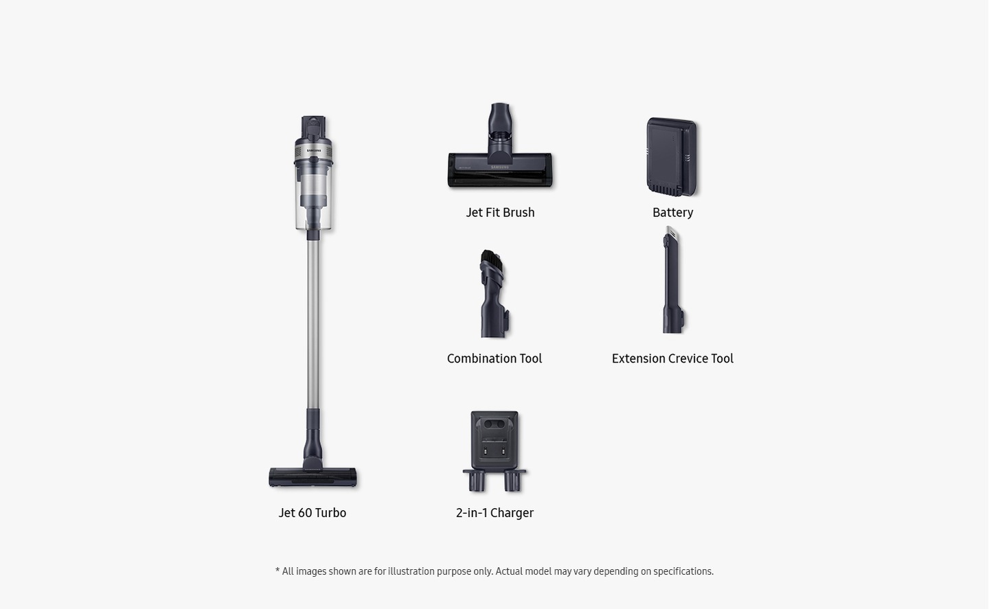 Items included inbox shown: Jet 60 Turbo, jet fit brush, battery, combination tool, extension crevice tool and 2-in-1 charger. All images shown are for illustration purpose only. Actual model may vary depending on specifications.