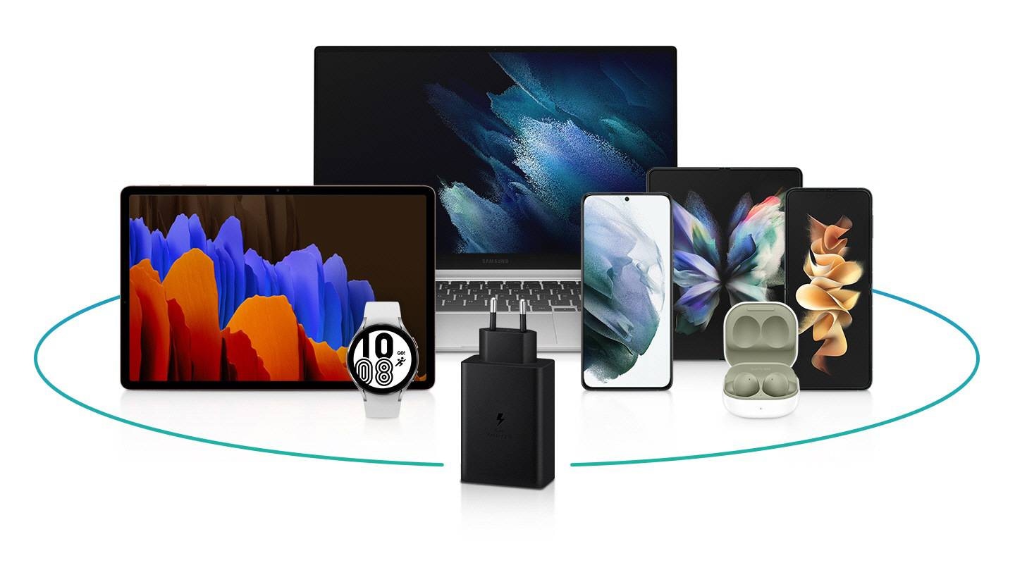 There are several Galaxy devices standing upright: a Galaxy Book Pro 360, Galaxy Tab S7+, Galaxy Watch4, Galaxy S21, Galaxy Fold3, Galaxy Flip3 and Galaxy Buds2. A 65W Power Adapter Trio stands in front of them.