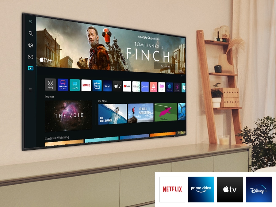 Aplikasi TV terdaftar di Smart Home.  Aplikasi Netflix, Amazon Prime Video, Apple TV, dan Disney Plus ditekankan di bawah ini.