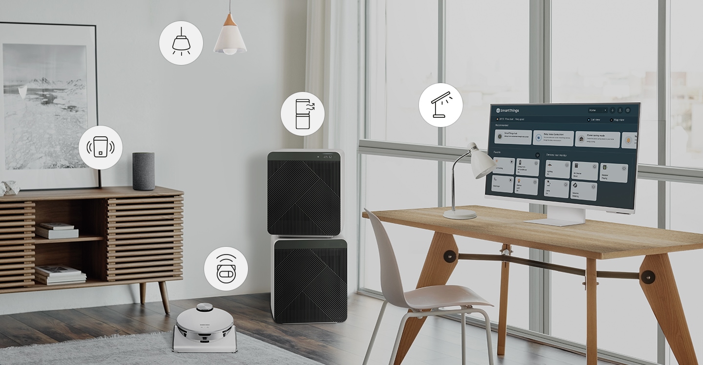 IoT Hub, fitur smart home control langsung di smart monitor Samsung M8 Anda. Kendalikan ragam perangkat smart home dengan mudah di Samsung UHD monitor M8.