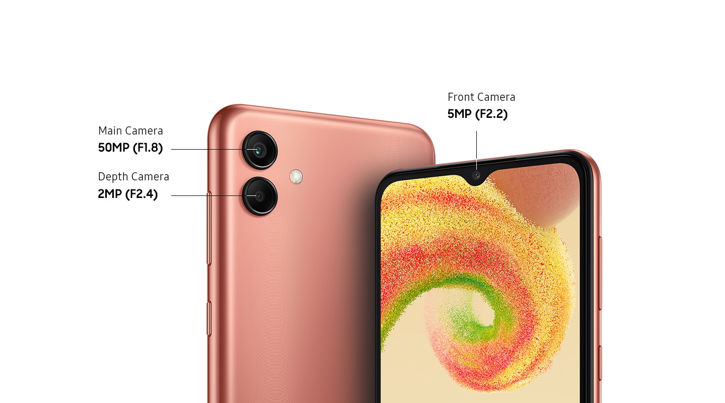 HP Galaxy A04 memiliki dual camera 50MP + 2 MP, dengan kamera selfie 5MP. Ketahui spesifikasi lengkap HP Samsung A04 dengan PLS LCD display, resolusi HD+ di Samsung Indonesia.