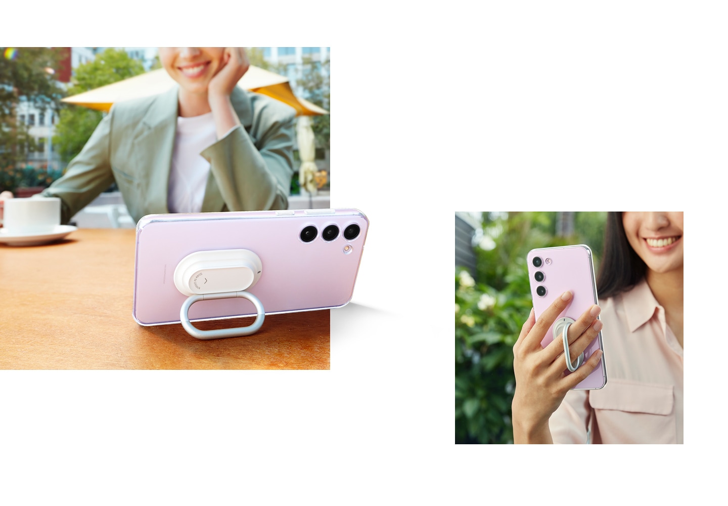 Gambar seorang wanita yang sedang menggenggam HP Galaxy S23+ yang mengenakan Clear Gadget Case secara vertikal dengan menggunakan ring holder. Gambar tampilan belakang casing ponsel yang diletakkan secara horizontal dengan menggunakan ring holder sebagai penyangga.