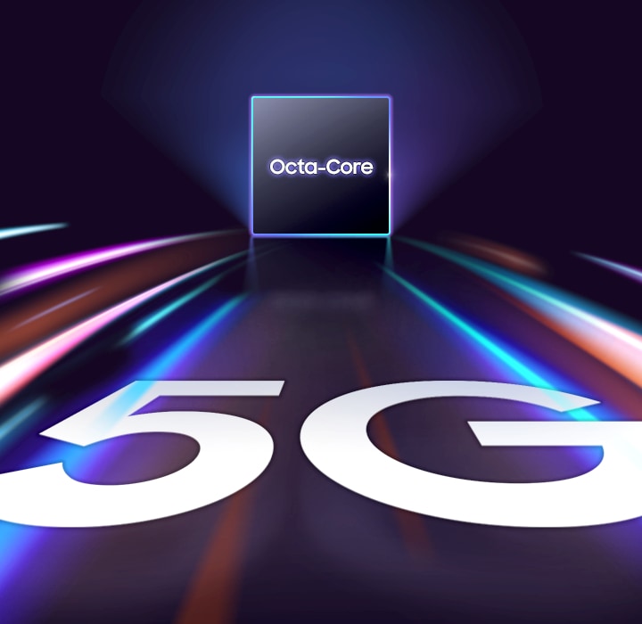 Against a dark background, a square with the word Octa-core is in the center. Multiple neon-colored lines are beaming out of the square from the sides towards the word 5G, written in large white block letters at the front to illustrate the fast performance.