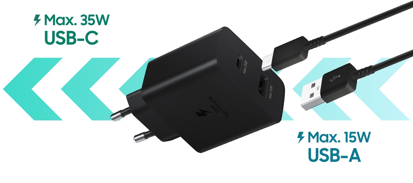 35W Power Adapter Duo appeals its dual ports with approaching USB-C & A cables. Bold texts on the top left and bottom right emphasize maximum wattage for USB-C and USB-A, which are 35W and 15W respectively.