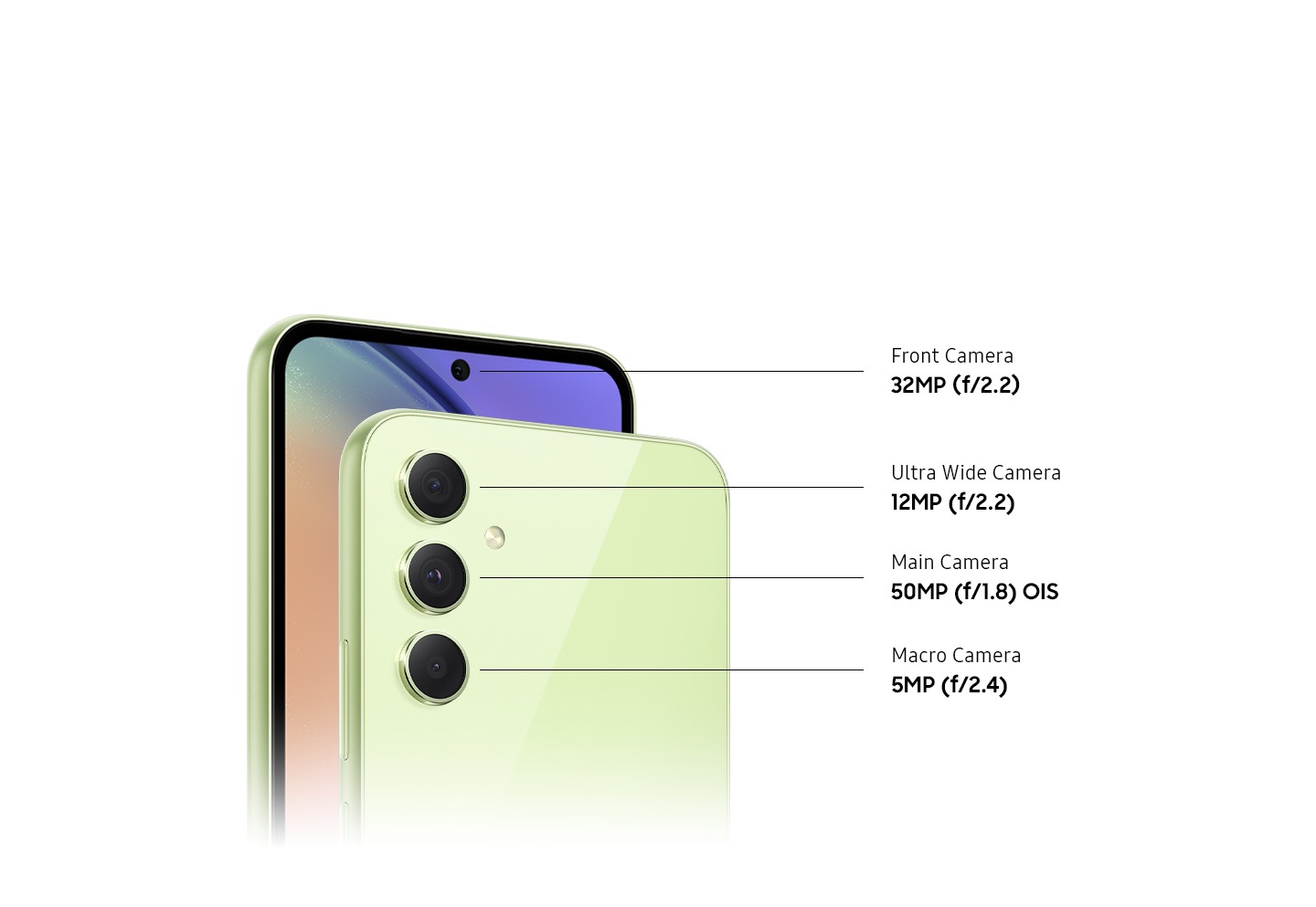 Two devices, both in Awesome Lime, show the rear side and front side of the device. On the right, the rear side of the device shows 12MP f2.2 Ultra wide Camera, 50MP f1.8 OIS Main Camera and 5MP f2.4 Macro Camera. On the left, the front side of the device shows the 32MP f2.2 Front Camera.