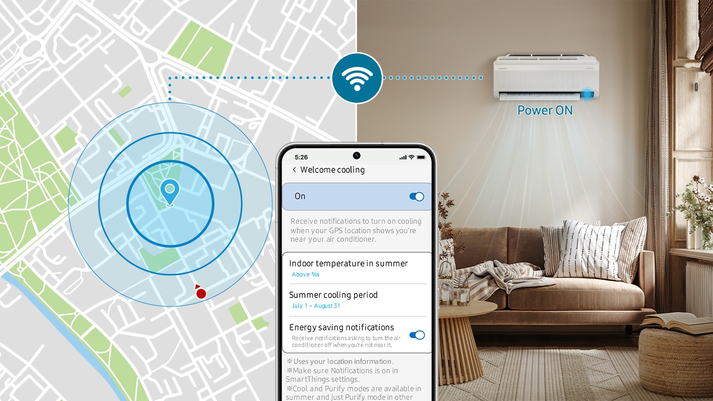 Shows a wall-mounted air conditioner cooling a living room. A wireless symbol on a street map shows that it can track your phone’s GPS location. It also shows an App that you can use to activate Welcome Cooling. When this is switched on, it will automatically turn the air conditioner’s power on when you are near to your home.