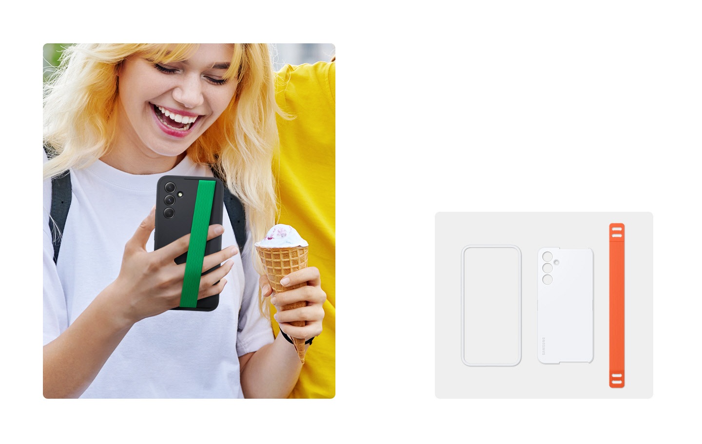 On the left, a woman smiling is looking at her Galaxy device wearing a black Haze Grip Case with a green strap while holding an ice cream cone on the other hand. On the right, the frame and back plate of a white Haze Grip Case as well as an orange strap are lined up.