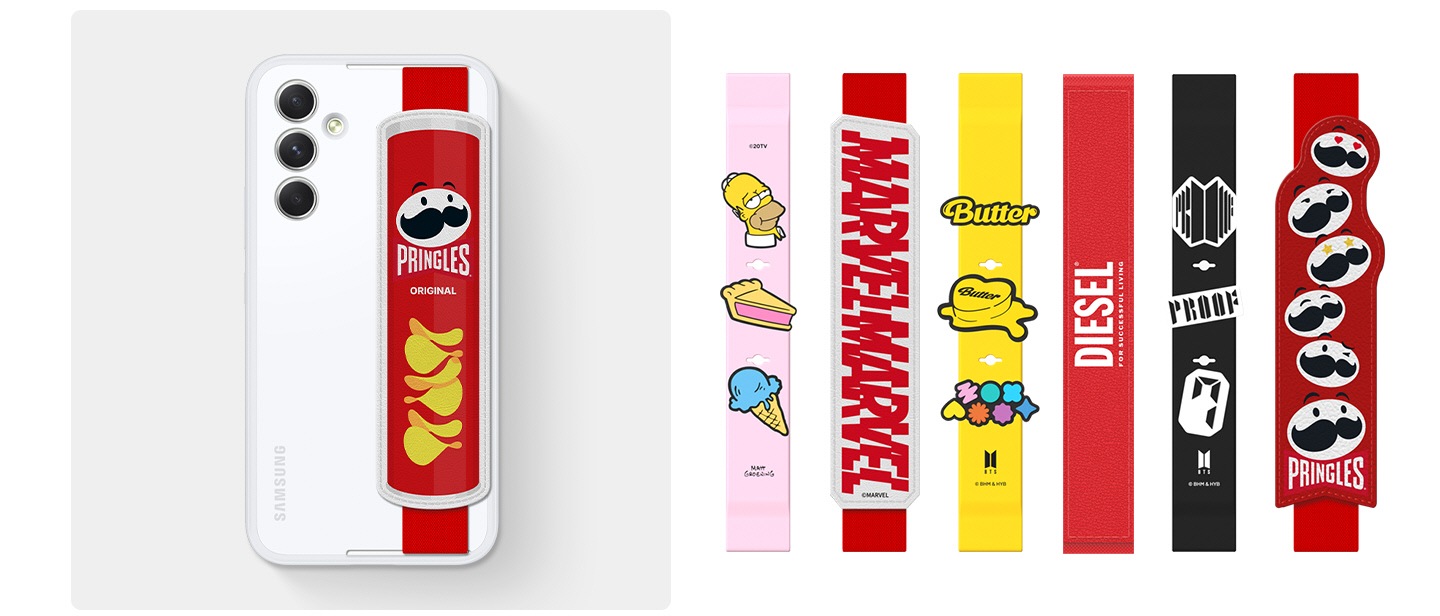 A Galaxy device is wearing a white Haze Grip Case with a Pringles collaboration strap. Various other brand collaboration straps are lined up, including The Simpsons, Marvel Comics, Diesel, and more.