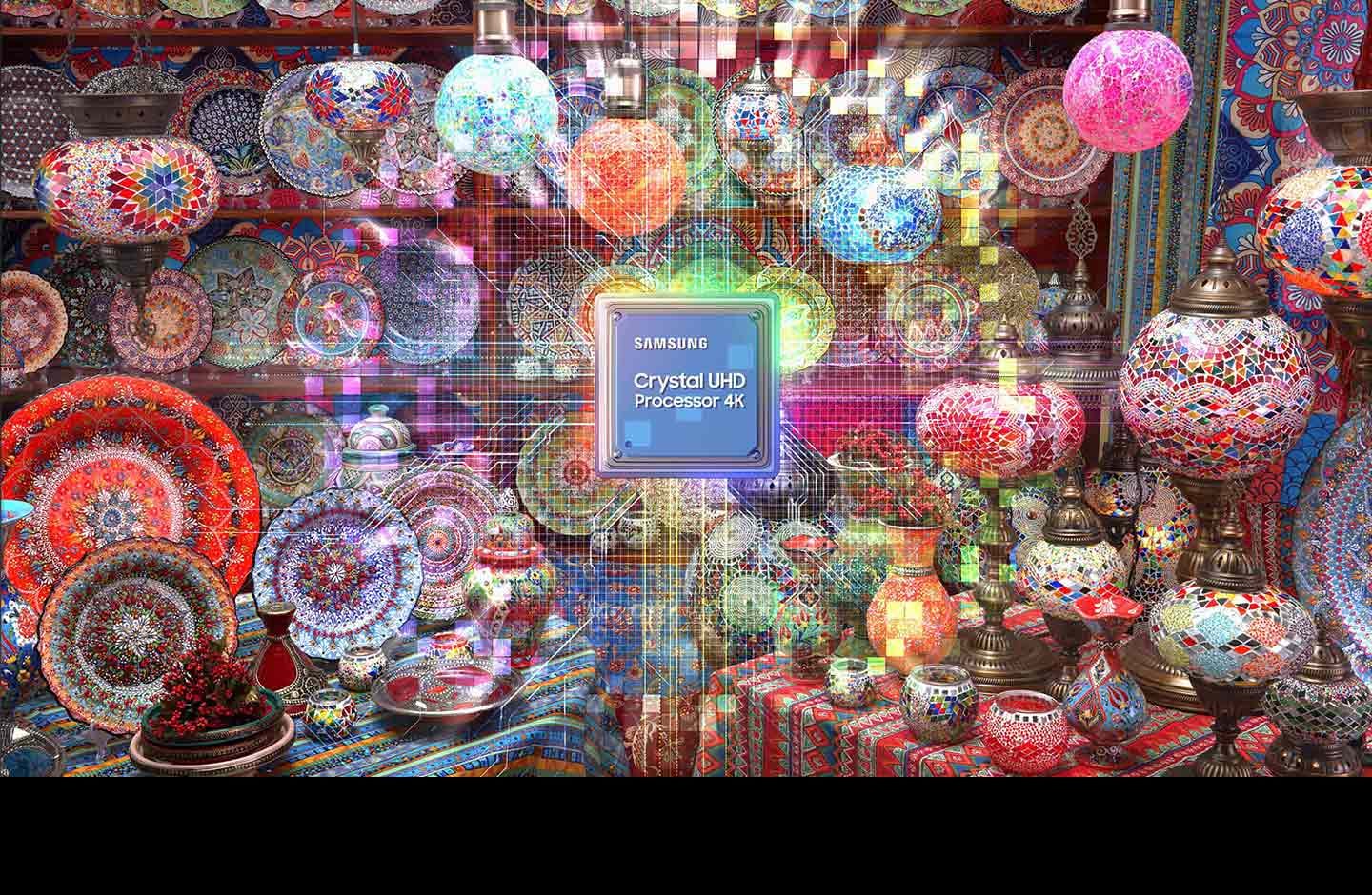 The Samsung Crystal UHD Processor 4K chip is on display in the middle amidst many colorful plates and ornaments.