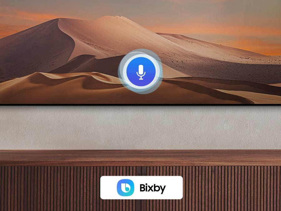 A microphone graphic is on the center of the screen with 2 voice assistants Bixby, Alexa built-in on the lower side of the screen.