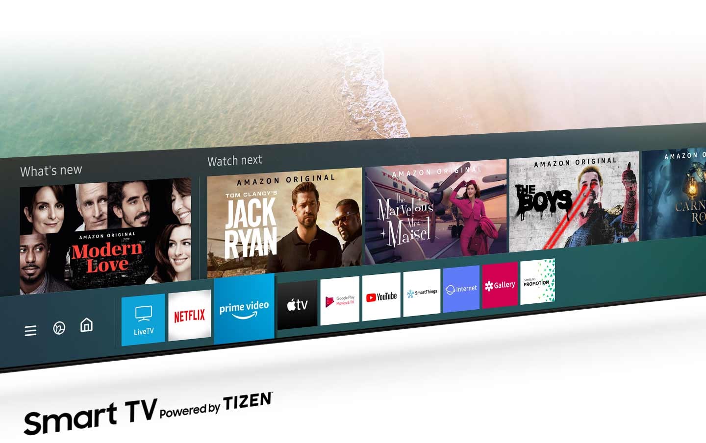 HD TV is displaying Smart Hub Powered by TIZEN on its screen.
