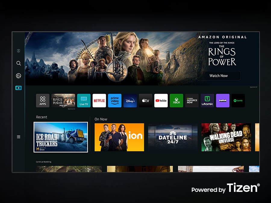 The new Smart Hub UI powered by Tizen is displayed to show a wide variety of OTT services and content being serviced. 
