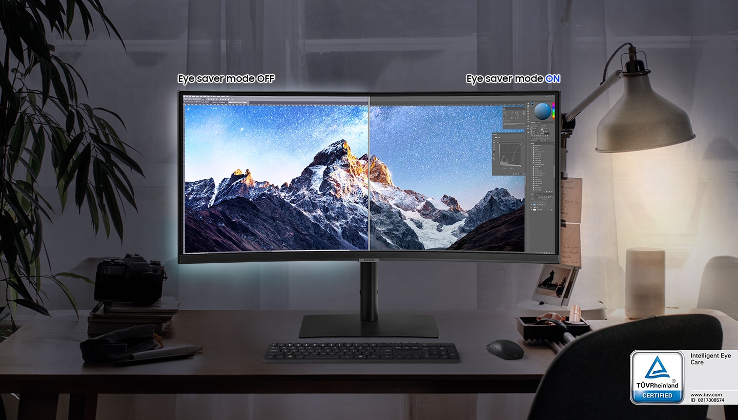 A monitor screen is divided, and the Eye Saver Mode is off on the left screen. And on the right side screen, the mode is on. At the bottom of the monitor, there is the TUV certification logo.