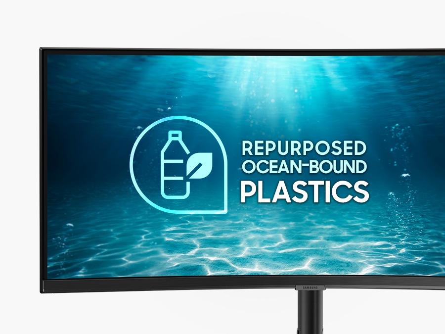There is a monitor, and there's an icon on the screen, representing the 'repurposed ocean-bound plastics' that are recycled for the monitor production.