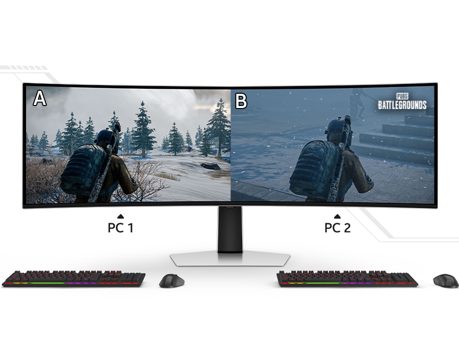 The Odyssey split into two. On both sides of the screen, different scenarios are shown for PUBG Battlegrounds. Text below the monitor reads “PC1” on the left side and “PC2” on the right.