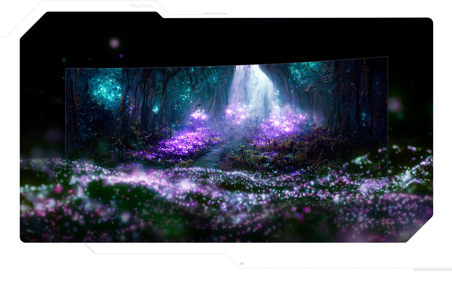 A curved monitor shows a forest with glowing flowers, with the flowers flowing out of the screen.