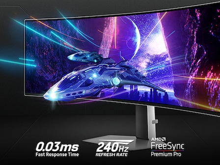 An Odyssey monitor is shown standing on a surface with a spaceship flying away from a nighttime city scene, through a cave, and off the screen. The text around the monitor communicates the specs: “0.03ms fast response time, 240Hz refresh rate, and AMD FreeSync Premium Pro”.