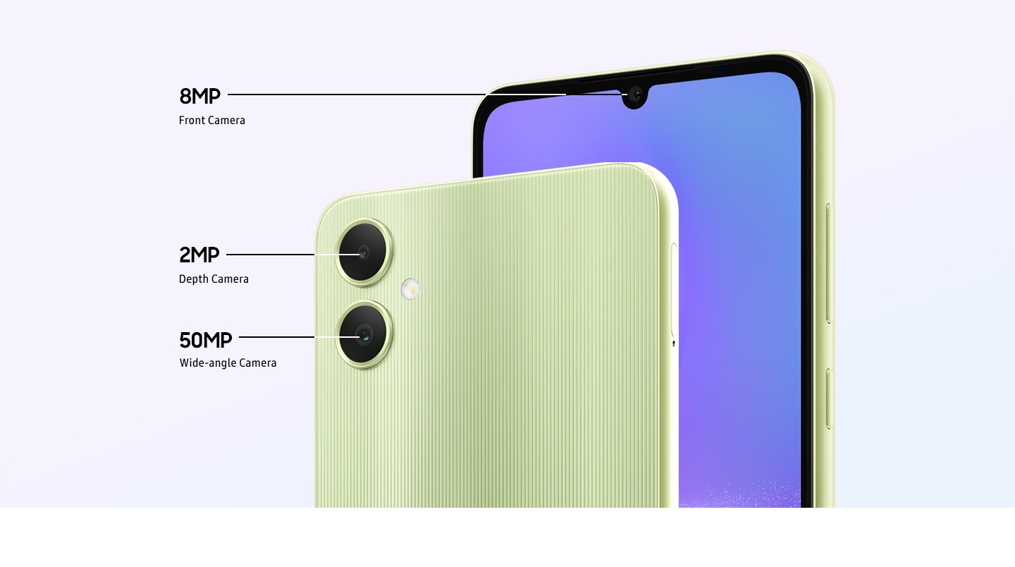 Bagian depan dan belakang Galaxy A05 ditampilkan untuk menunjukkan tiga kamera Galaxy A05, termasuk 8MP Front Camera, 2MP Depth Camera, dan 50MP Wide-angle Camera.