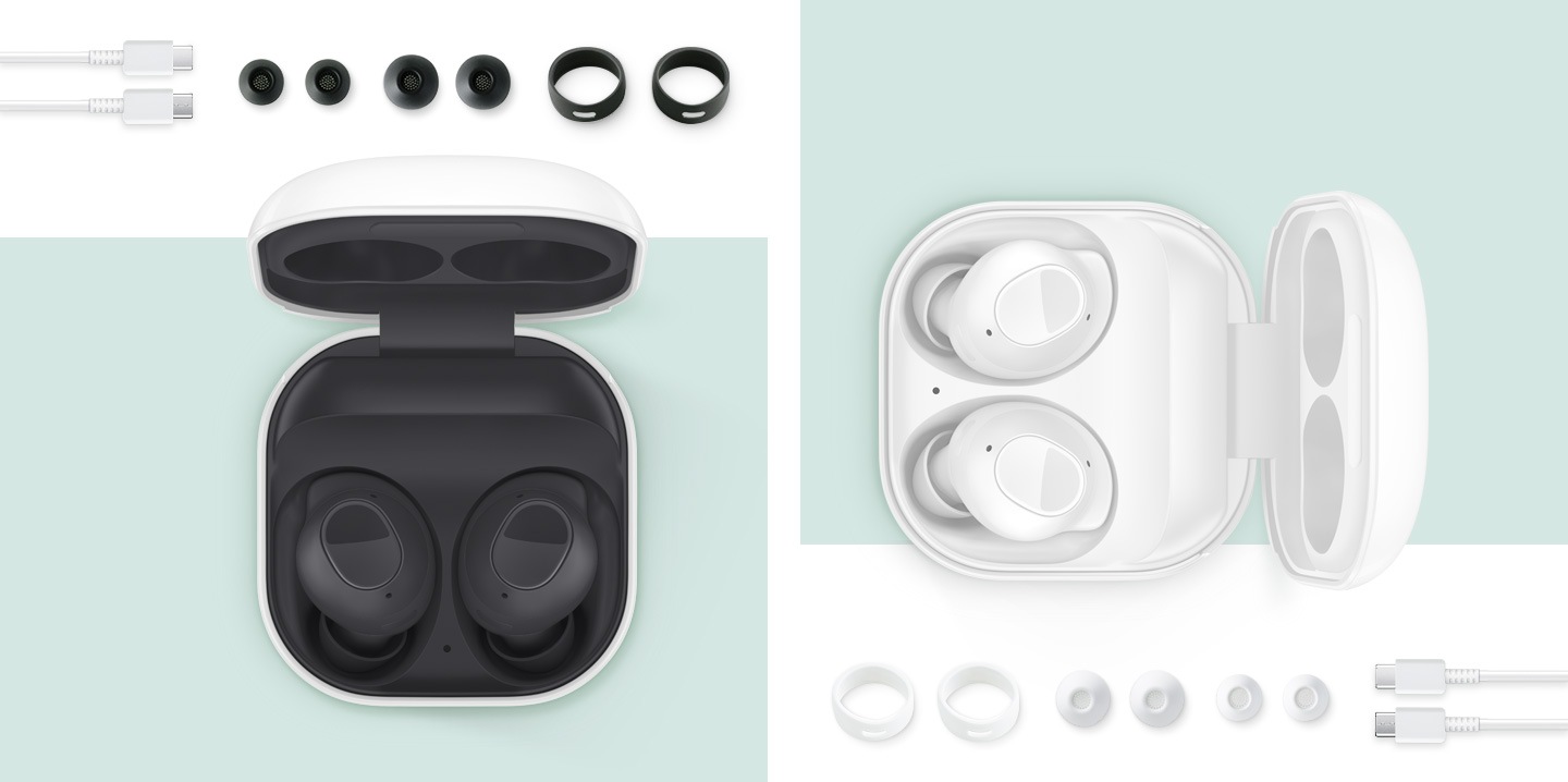 An open Graphite Galaxy Buds FE case with two Graphite buds inside. An open Mystic White Galaxy Buds FE case with two Mystic White buds inside.