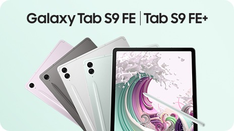 Four Galaxy Tab S9 FE series devices in Lavender, Gray, Silver and Mint are fanned out in Portrait mode seen from the rear with an S Pen attached on each side. A Galaxy Tab S9 FE device stands before them showing its screen touched by an S Pen.