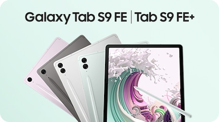 Four Galaxy Tab S9 FE series devices in Lavender, Gray, Silver and Mint are fanned out in Portrait mode seen from the rear with an S Pen attached on each side. A Galaxy Tab S9 FE device stands before them showing its screen touched by an S Pen.