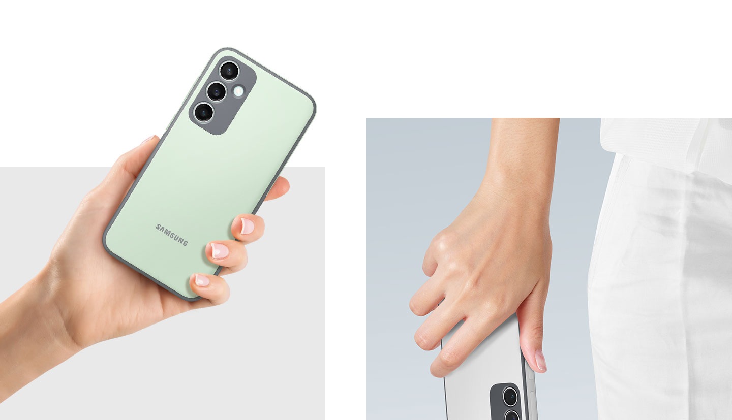 Sebuah tangan menggenggam perangkat Galaxy S23 FE yang memakai Silicone Case dengan nyaman. Seseorang berjalan sambil menggenggam perangkat Galaxy S23 FE yang memakai Silicone Case dengan aman.