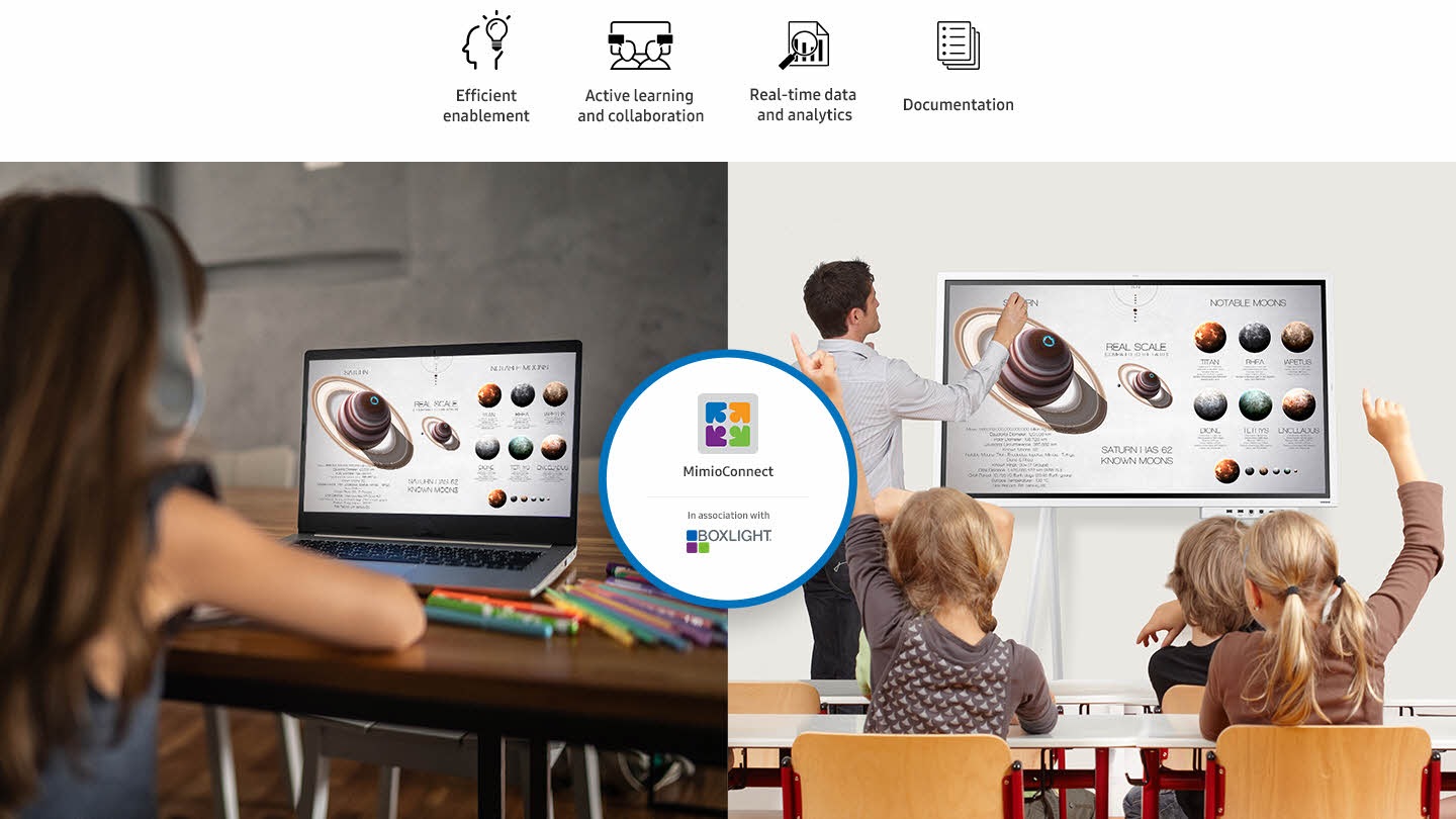 Conducting remote classes with the MimioConnect, in association with BOXLIGHT app, which supports efficient enablement, Active learning and collaboration, Real-time data and analytics, and Documentation functions.