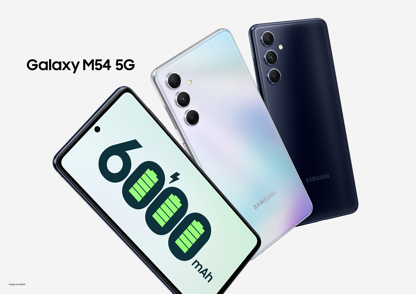 Three Galaxy M54 5G devices are spread out, device on the left showing the front screen with the typography "6000mAh", device on the center is showing the back angle in silver, device on the right is showing the back angle in dark navy.