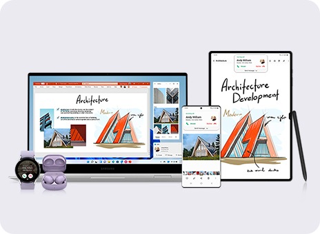 Different Galaxy devices can be seen. From the left is Galaxy Watch, Galaxy Buds, Galaxy Book, Galaxy smartphone, Galaxy Tab and S Pen. Some parts of the drawing on Galaxy Tab are on a document displayed on Galaxy Book. Gallery app screen on Galaxy smartphone is displayed on Galaxy Book. On Galaxy Watch, Galaxy Book, Galaxy smartphone and Galaxy Tab, a notification of an incoming call is displayed.