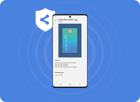A Galaxy device shows a screenshot a credit card with info on Activity and the Expiration date shown below. Next to the device on the left top corner is the Private Share icon.