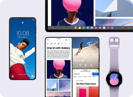 Galaxy Z Flip on the left has a wallpaper and digital clock widget. Next to it, Galaxy Z Fold's screen is split into three sections. Above it, Galaxy Tab's taskbar is shown. Galaxy Watch on the right has a watch face on.
