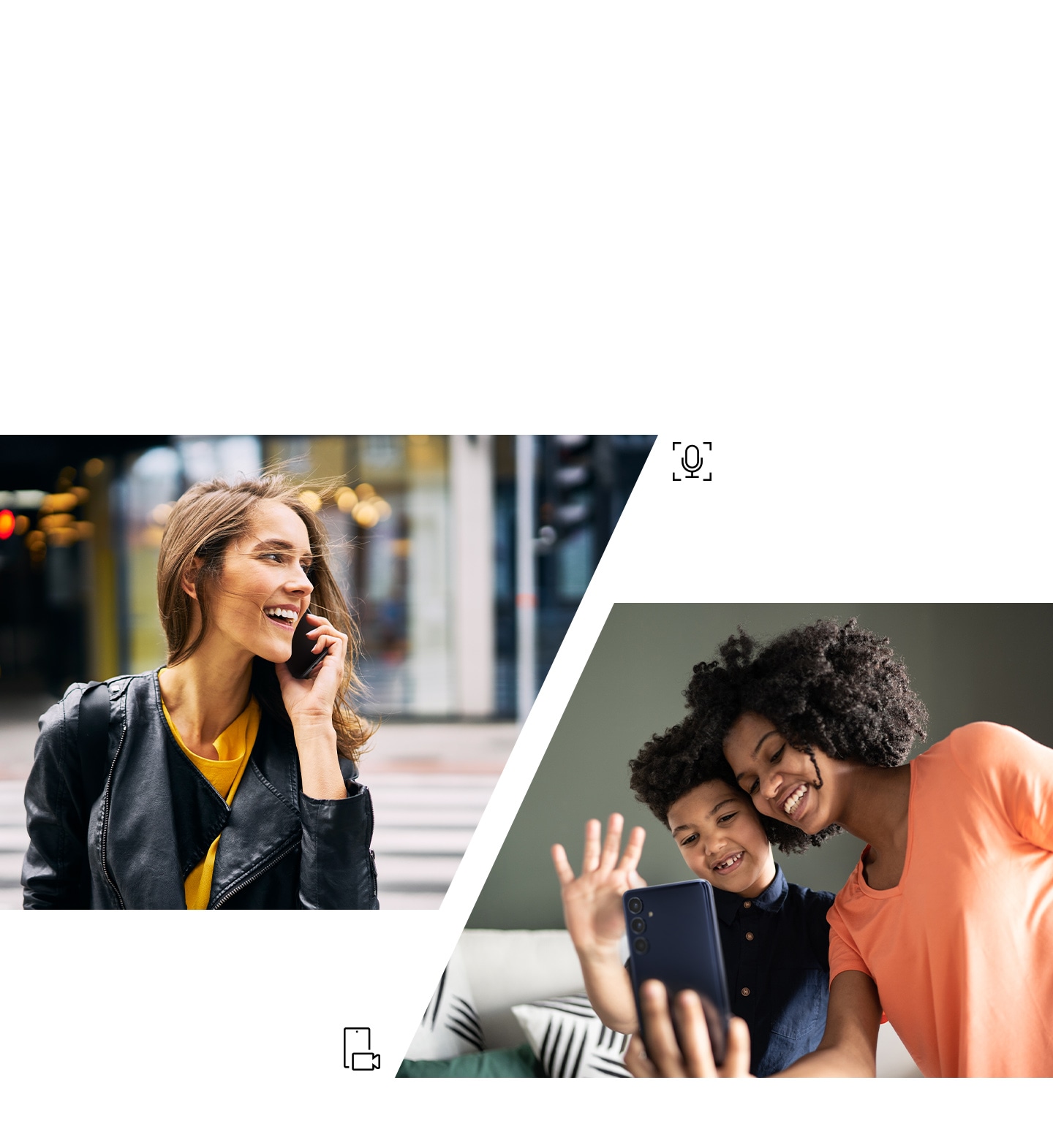 On the left, a woman is walking in the street while talking on the phone. Next to it, the voice call icon is shown. On the right, a mother and her young son are waving at the phone in a group call. Next to it, the video call icon is shown.