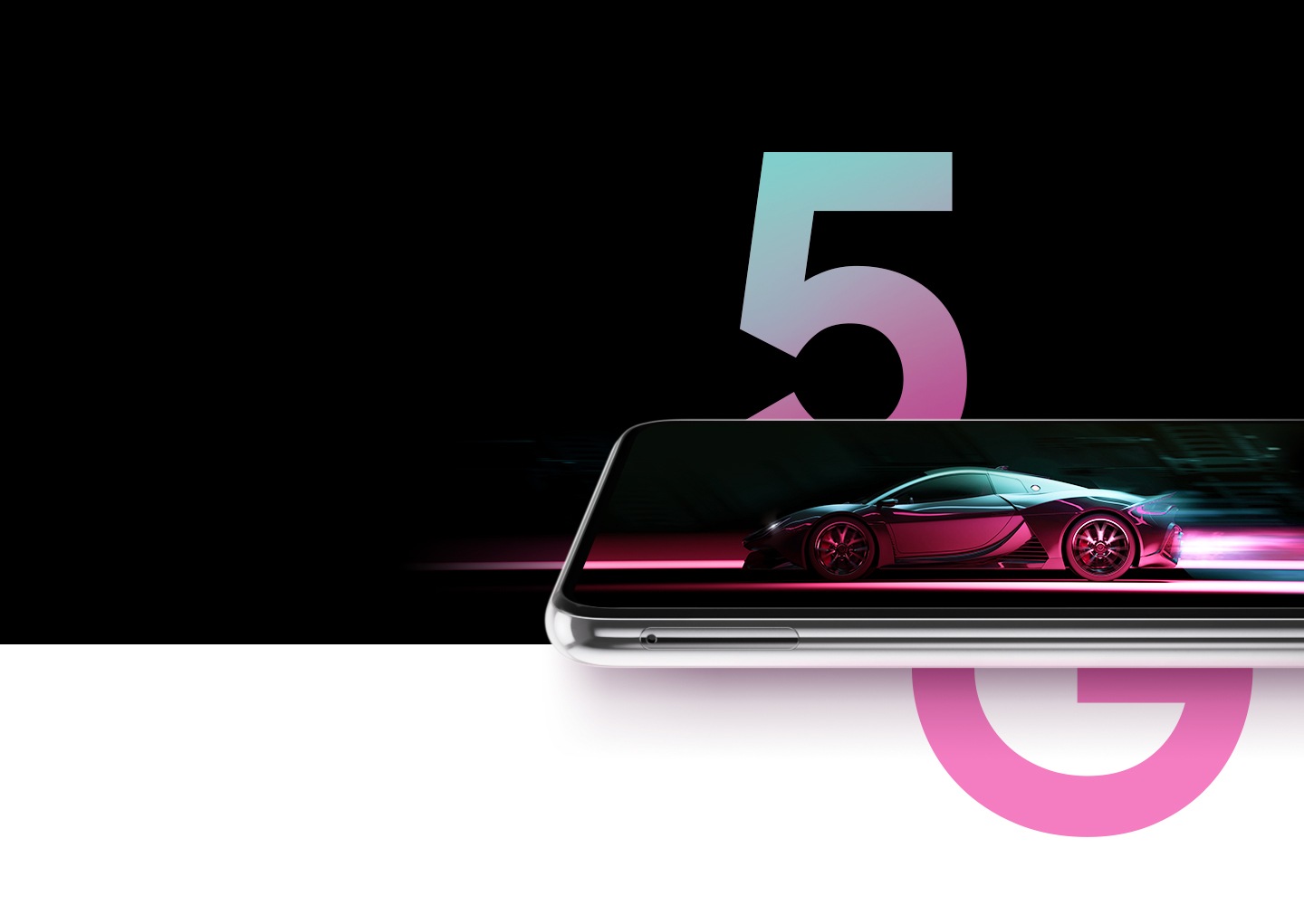 A Galaxy M54 5G in landscape mode shows a sportscar racing by, leaving neon purple light trailing behind. Above the device is a large '5' and below the device is a large 'G'.