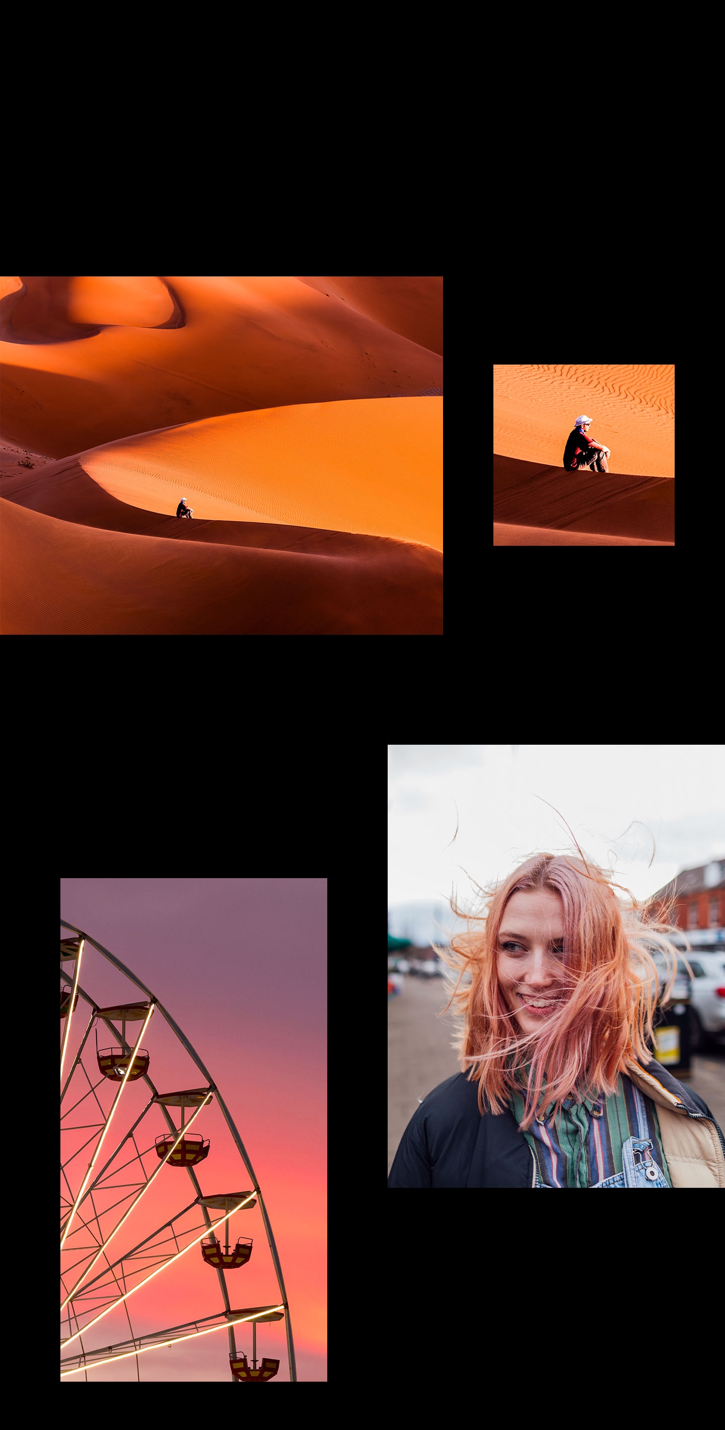 The following five shots are shown: A vast desert landscape with a man sitting on top of a dune, a zoom-in shot of the man sitting on top of a dune, part of a ferris wheel against a sunset background, a portrait of a woman, smiling, with red hair, and a long blonde haired skateboarder riding in a park by the forest.