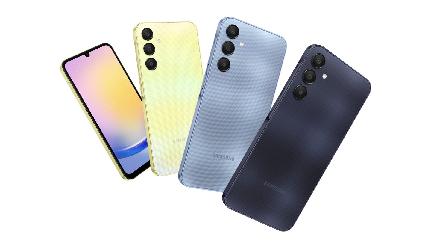 Four Galaxy A25 5G devices in Yellow, Light Blue, Blue and Blue Black, in order of left to right as well as furthest to nearest, are showing their backcovers.