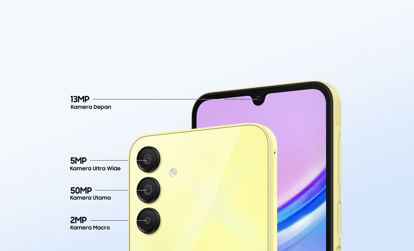 The front and back of the Galaxy A15 are shown to showcase its four multiple cameras including the 13MP Front camera, the 5MP Ultra Wide camera, the 50MP Main camera and the 2MP Macro camera.