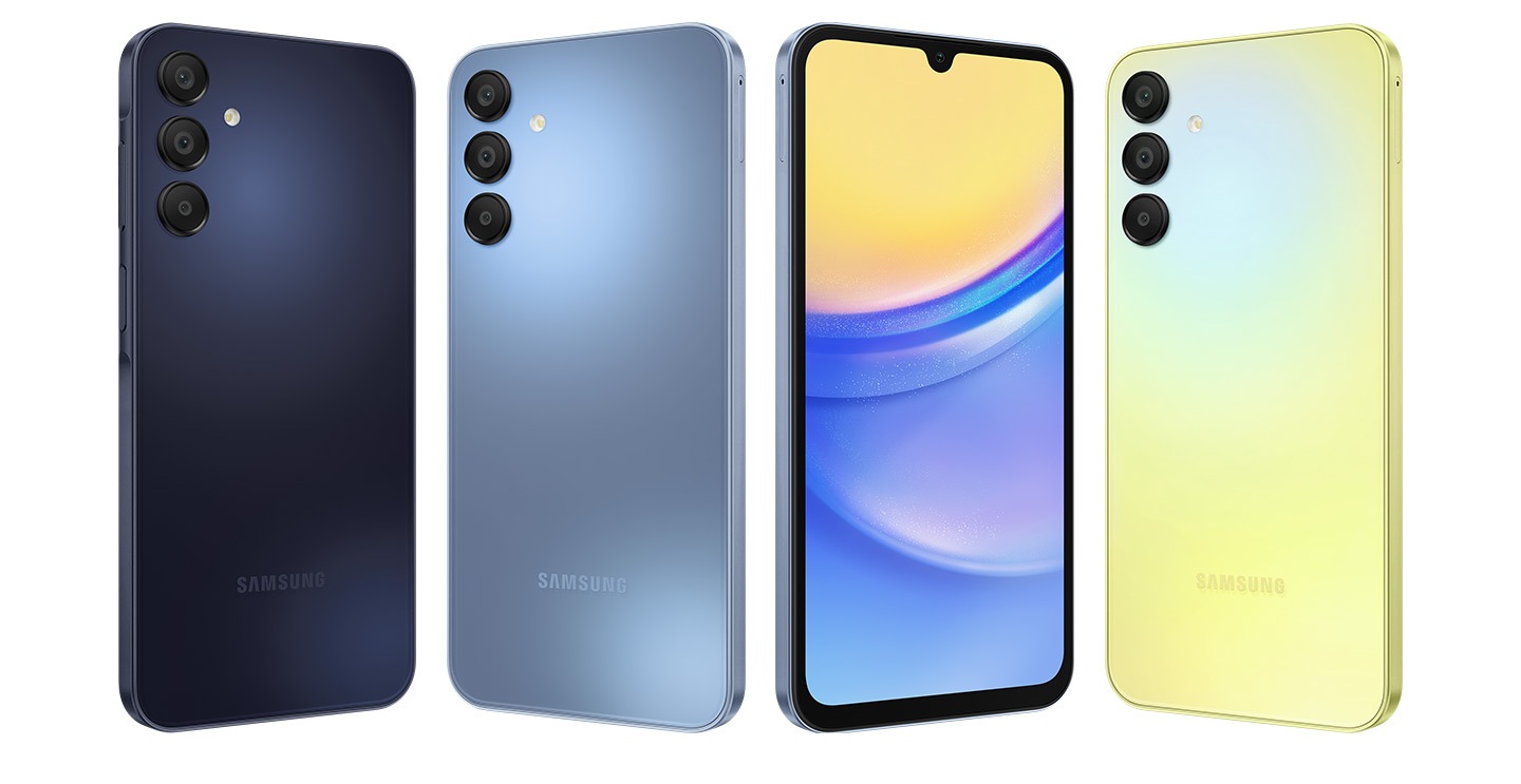 Four Galaxy A15 5G devices are shown with all of them showing their backsides. The devices colorways are, from left to right, Blue Black, Blue, Light Blue and Yellow.