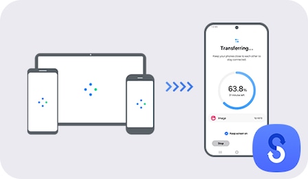 Various smartphones and tablets on the left are shown transferring data to a Galaxy smartphone on the right using Smart Switch. On-screen of the Galaxy smartphone shows the transfer progress at 63.8%.