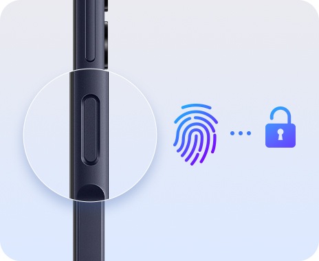 A side profile of the Galaxy A25 5G is shown, with the fingerprint sensor enlarged and magnified. Right by the sensor, a fingerprint icon and an unlock icon are shown with a short dotted line between them.
