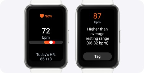 Two Galaxy Fit3 with the Heart rate measurement feature opened, one displaying the current bpm and today's HR range and the other one with a high bpm alert message.