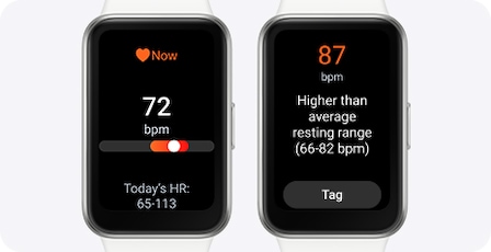 Two Galaxy Fit3 with the Heart rate measurement feature opened, one displaying the current bpm and today's HR range and the other one with a high bpm alert message.