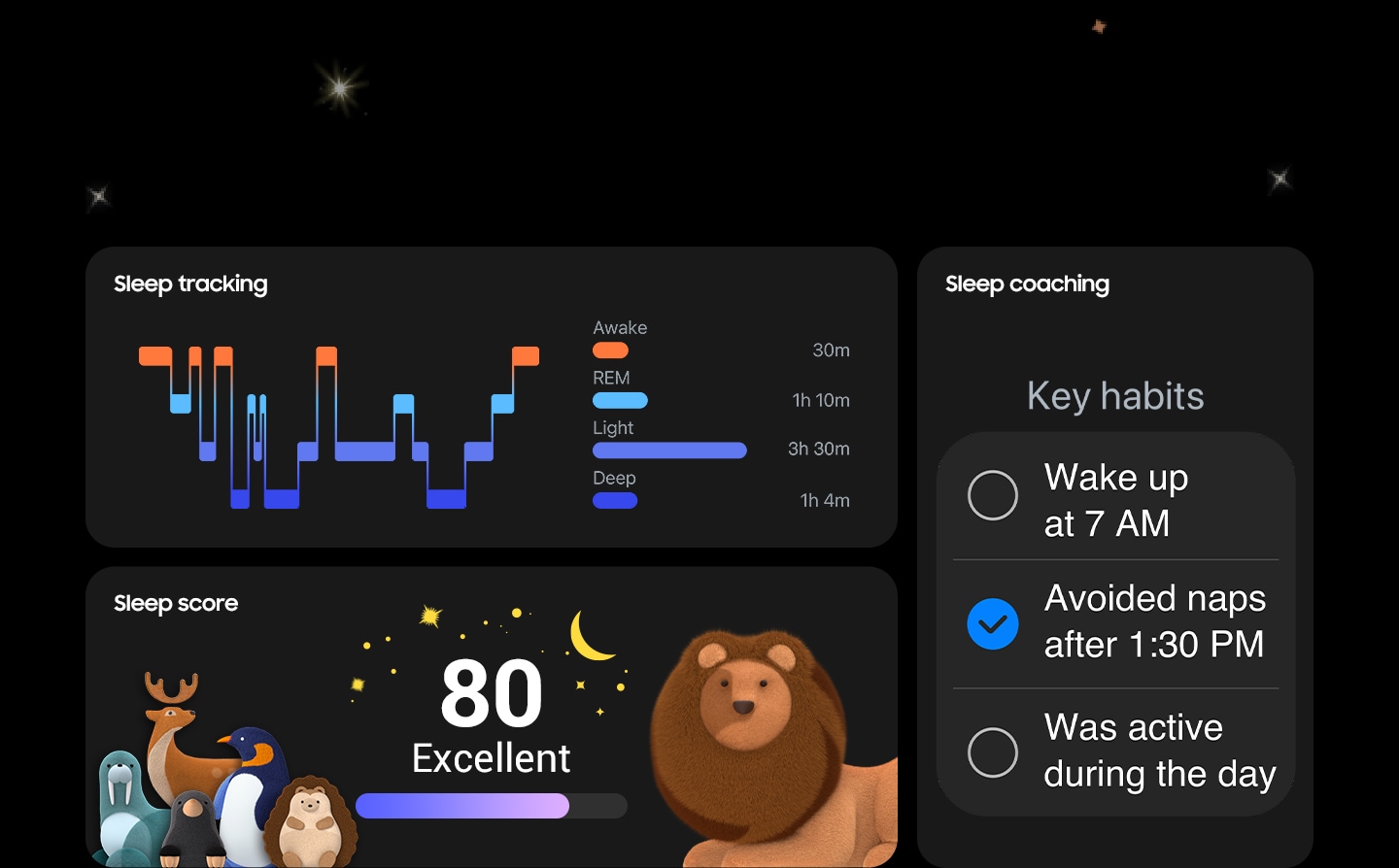 Three tiles, each showing a different Sleep Monitoring feature. One for Sleep tracking shows the time spent in each sleep stage and the graph. Another one for Sleep score shows a lion sleep symbol with the score. The other one for Sleep coaching shows a list of selectable key habits with 'Avoided naps after 1:30 PM' selected.