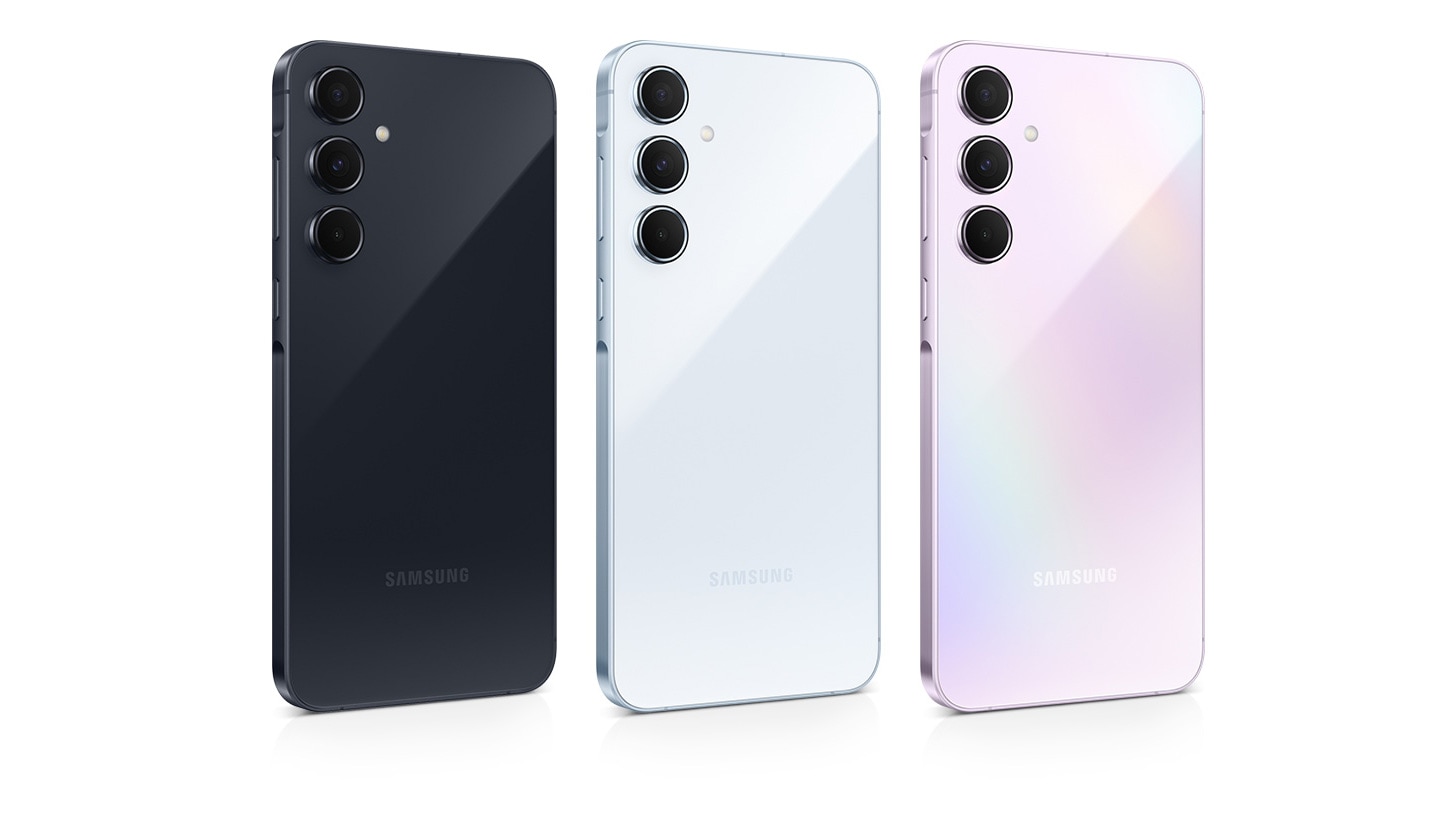 Four Galaxy A55 5G devices in a row with varying colors: Awesome Navy, Awesome Iceblue, Awesome Lilac, and Awesome Lemon. Each phone features a 3-camera layout on the back.