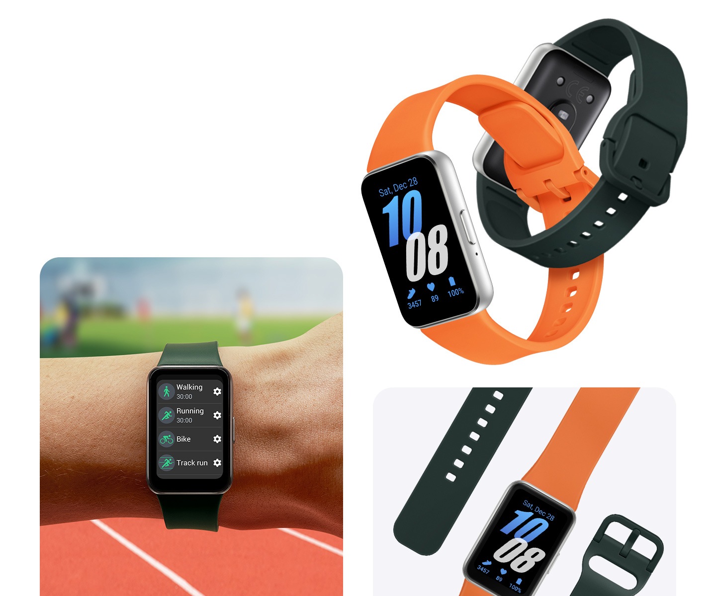 Galaxy Fit3 seen from the front attached to an Orange band. It is bound together with another Fit3 device seen from its rear attached to a Dark Green band. A close-up of a person's wrist wearing Galaxy Fit3 attached to a Dark Green band. Galaxy Fit3 strapped with an Orange band seen from the front. Dark Green bands are laid straight on each side of the device.