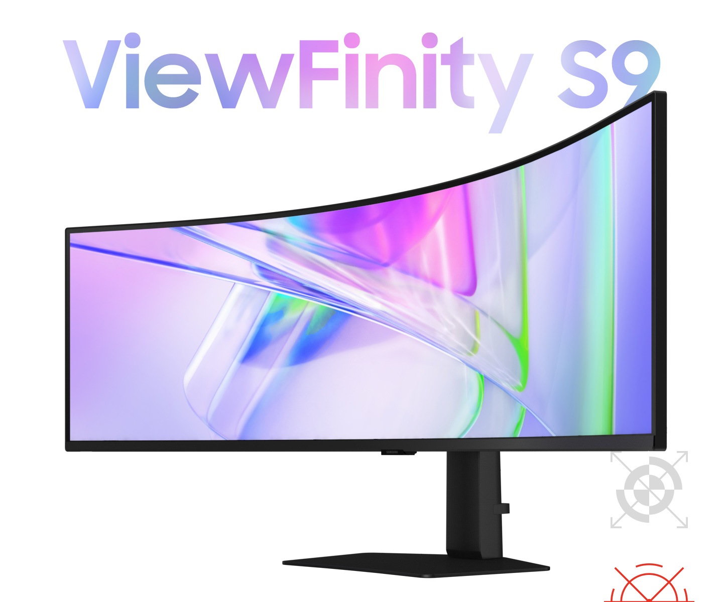 A top side of the monitor is shown and its overall design is shown as it moves. When its movement stops, the logo of the product, 'ViewFinity S9' comes out.