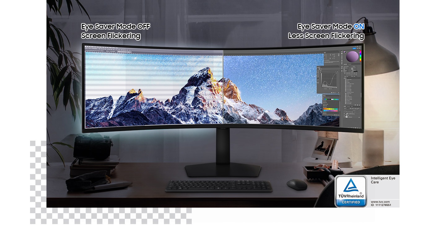 A monitor screen is divided, and the Eye Saver Mode is off on the left screen with some flickering screen. And on the right side screen, the mode is on and it has less screen flickering. At the bottom of the monitor, there is the TUV certification logo(TUVRheinland® CERTI FIED Intelligent Eye Care www.tuv.com ID1111276551).